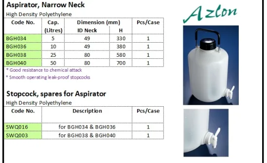 PLASTIC WARE Aspirator, Narrow Neck HDPE aspirator narrow neck hdpe